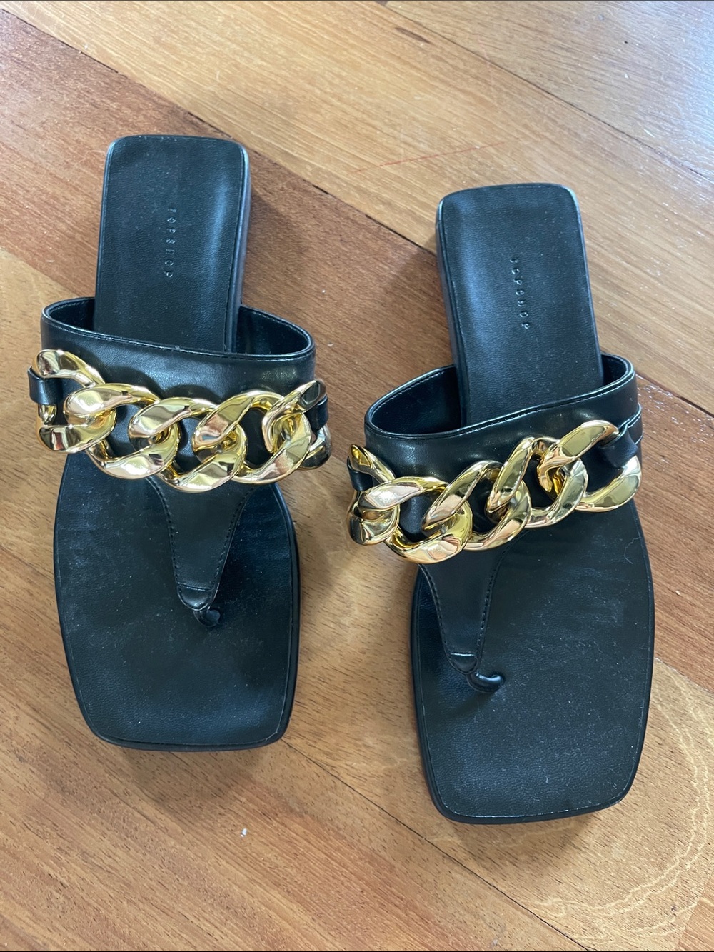 Topshop Black Thong Sandals with Bold Gold Chain